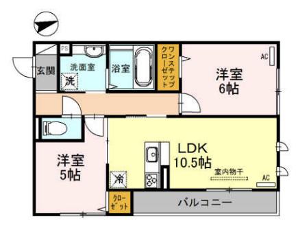 グロリアハイツはびきのA棟(2LDK/2階)の間取り写真