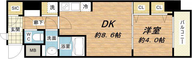 スプランディッド淀屋橋DUE(1DK/13階)の間取り写真
