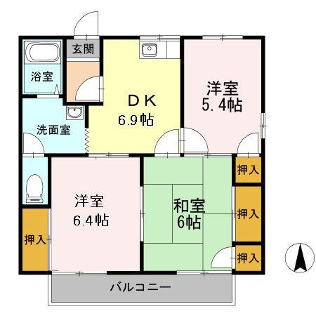 ファミール須屋 B棟(3DK/2階)の間取り写真