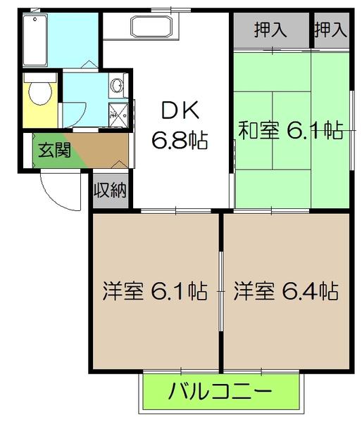アメニティ朝倉 A棟(3DK/2階)の間取り写真