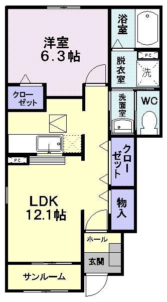 パレ・シャルウィA(1LDK/1階)の間取り写真