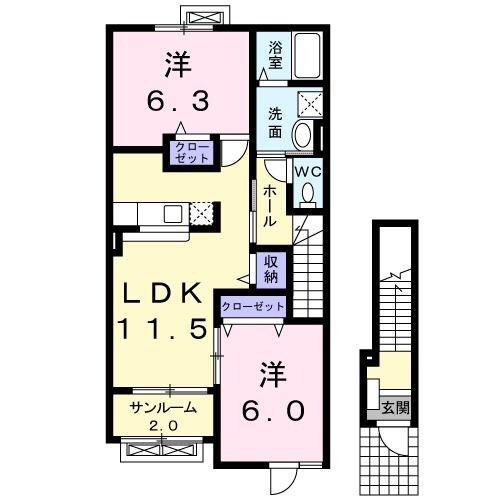 サンハイムB(2LDK/2階)の間取り写真