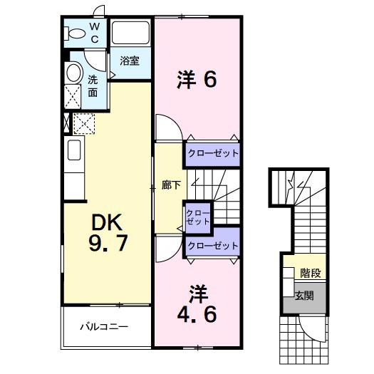 イーストフィールドA(2DK/2階)の間取り写真