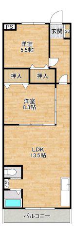箕面朝日ビル(2LDK/3階)の間取り写真