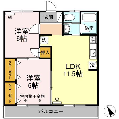 シェ・リールAOKI B(2LDK/2階)の間取り写真