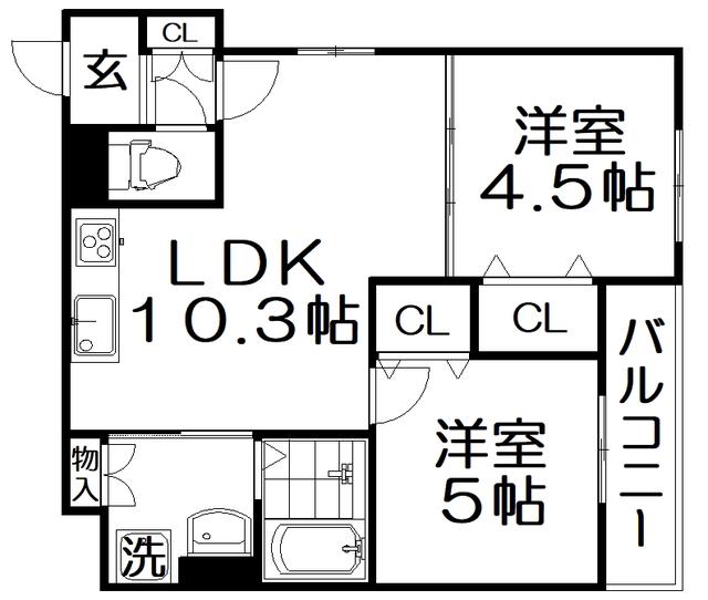 クリエオーレ倉治(2LDK/2階)の間取り写真