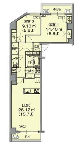 不二美屋III(2LDK/6階)の間取り写真