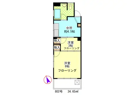 西荻第二国際マンション(2DK/8階)の間取り写真