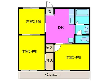 ヴェルリーブルA棟(3DK/1階)の間取り写真