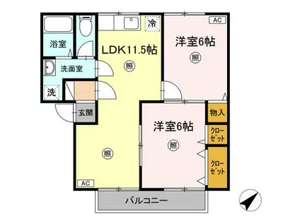 ラルカンシェルB棟(2LDK/1階)の間取り写真