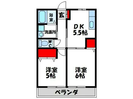 ヒルズリバーサイドB(2DK/1階)の間取り写真