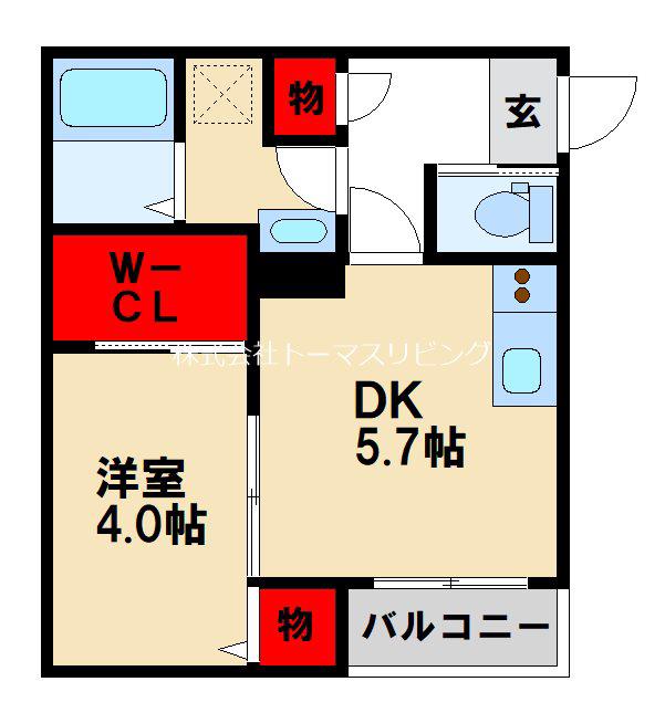 ヴェネツィア小郡(1DK/2階)の間取り写真