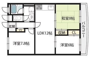 アパルトマン北千里(3LDK/4階)の間取り写真