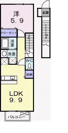 ドゥー・ソレイユ(1LDK/2階)の間取り写真