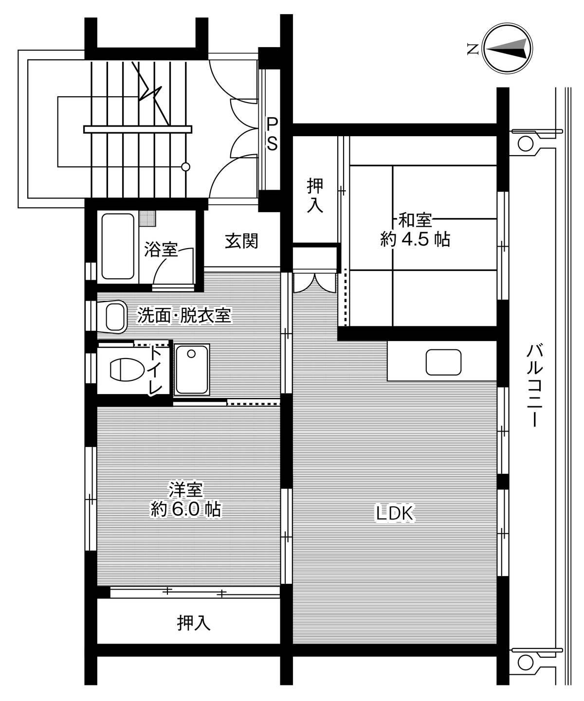 ビレッジハウス希望ヶ丘2号棟(2LDK/5階)の間取り写真