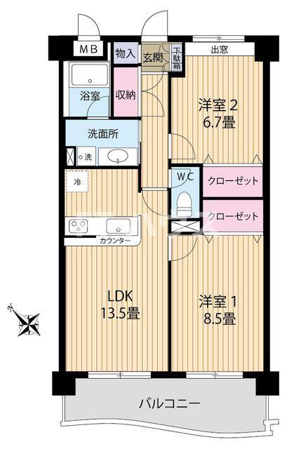 クイーンズパレス2(2LDK/4階)の間取り写真