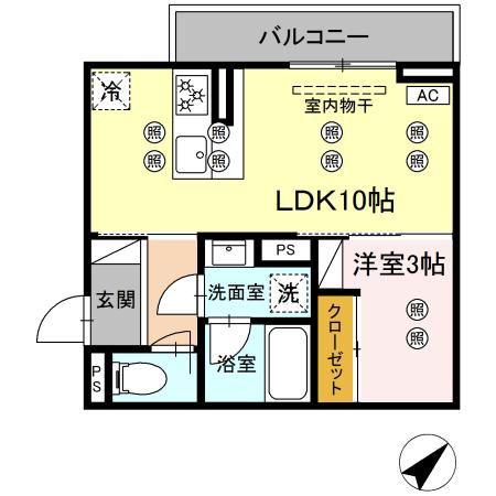  ディアライズ旭通 B棟(1LDK/2階)の間取り写真