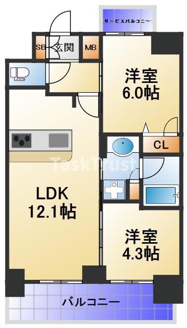 プレサンス玉造ザ・ライブ(2LDK/13階)の間取り写真