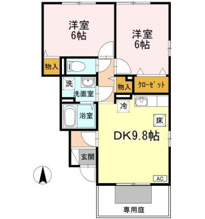 アランシア B棟(2DK/1階)の間取り写真