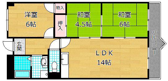 ソシアハイツOKUDA(3LDK/4階)の間取り写真