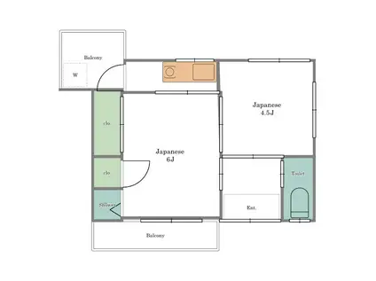 東急池上線 石川台駅 徒歩14分 2階建 築71年(2K/2階)の間取り写真