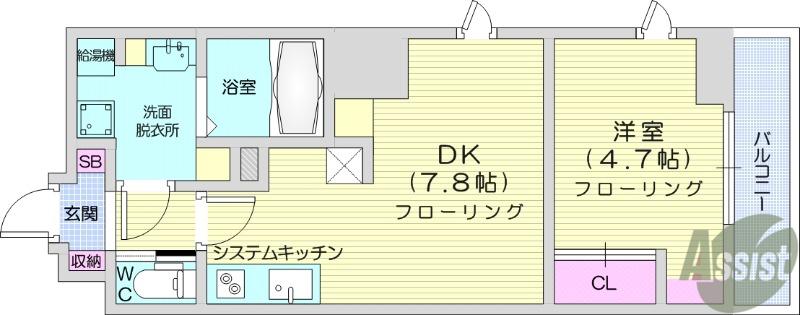 シエルエックス榴岡公園(1DK/8階)の間取り写真
