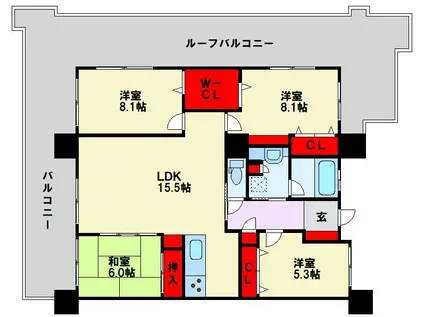 サンパーク折尾学園の丘ノースRIGDE(4LDK/9階)の間取り写真