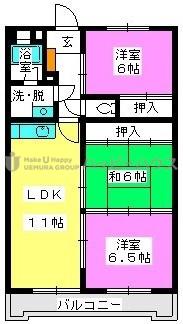 ハイムあかしや(3LDK/6階)の間取り写真