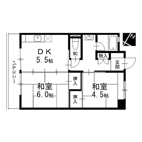 地下鉄名城線 黒川駅(愛知) バス乗車時間：21分 最寄りバス停で下車 徒歩7分 11階建 築51年(2DK/4階)の間取り写真