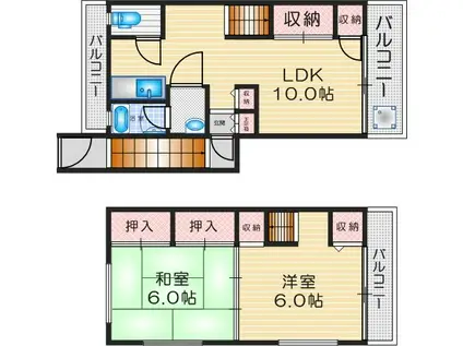 上本町メゾネット(2LDK/2階)の間取り写真