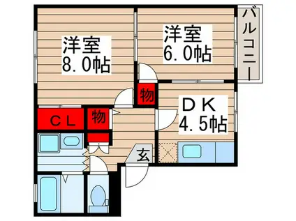 ペアーブラッサムF(2DK/1階)の間取り写真