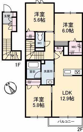 アンソレイユ B棟(3LDK/2階)の間取り写真