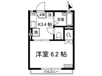 スカイアーバン(1K/2階)の間取り写真