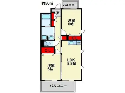 グランディ下曽根(2DK/8階)の間取り写真