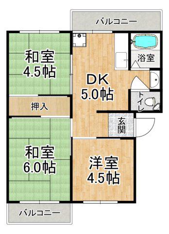 神戸電鉄三田線 五社駅 徒歩18分 5階建 築54年(3DK/5階)の間取り写真