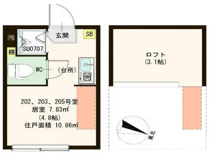 ハーモニーテラス平和台(ワンルーム/2階)の間取り写真