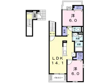 プチ フローラ 北野田 II(2LDK/2階)の間取り写真