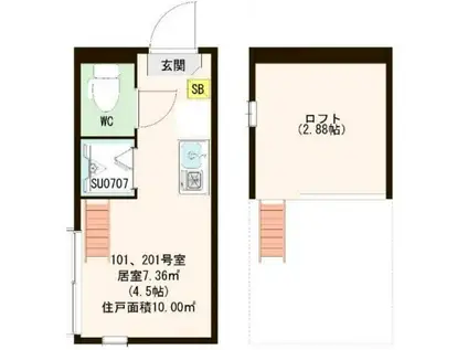 ハーモニーテラス南町(ワンルーム/2階)の間取り写真