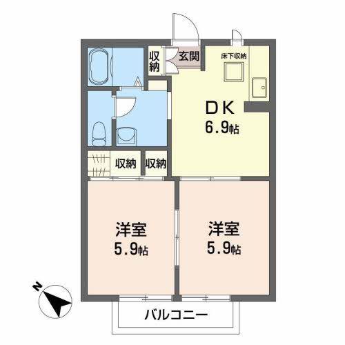 ディアスヒルI(2DK/1階)の間取り写真