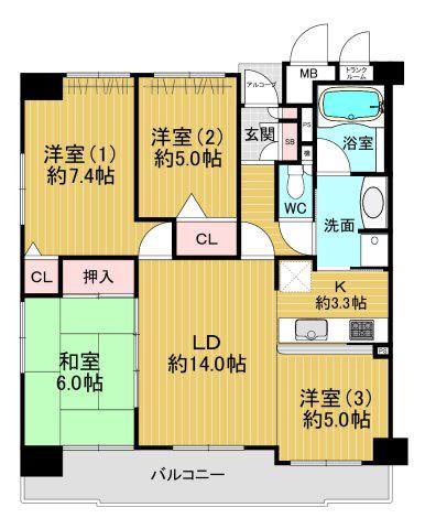 セントラルヒルズ西大和(3LDK/4階)の間取り写真