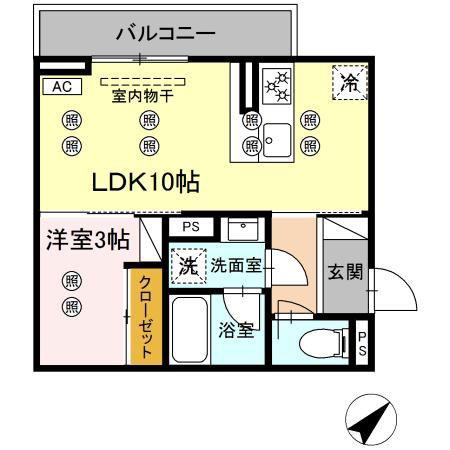  ディアライズ旭通 B棟(1LDK/2階)の間取り写真