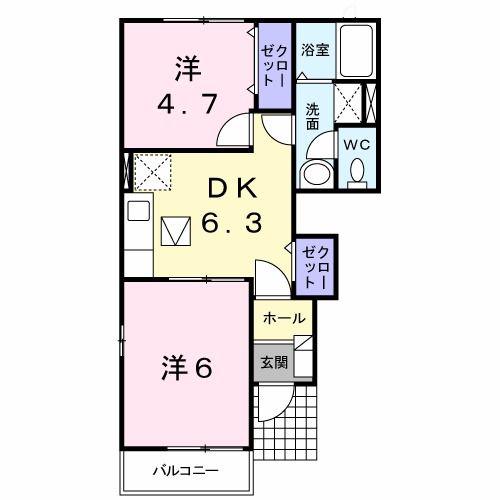 リバーサイド・クリスタルD(2DK/1階)の間取り写真