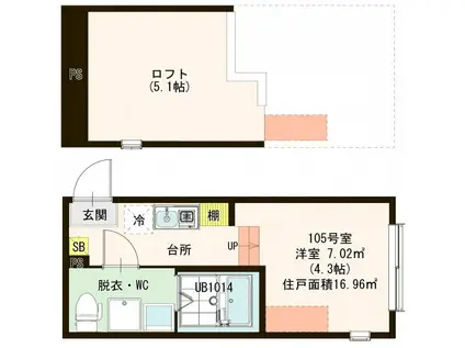 ハーモニーテラス六町(ワンルーム/2階)の間取り写真
