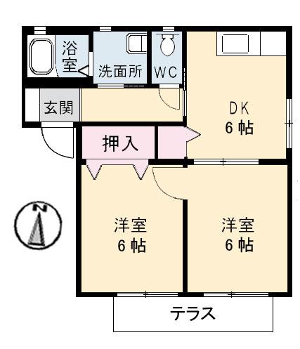 メイプルガーデン B棟(2DK/1階)の間取り写真