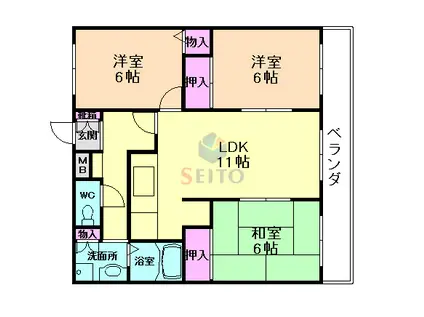 岡町百番館(3LDK/4階)の間取り写真