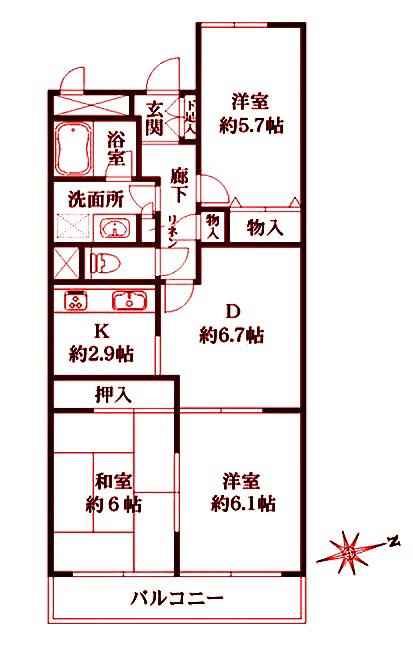 藤和シティコープ東寺尾(3DK/3階)の間取り写真