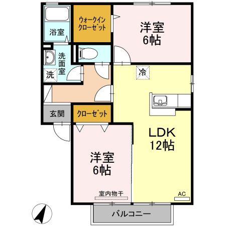 ブィラ ハッピネスB棟(2LDK/2階)の間取り写真