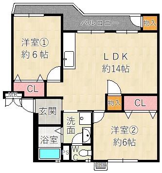 大屋町ハイツ(2LDK/3階)の間取り写真