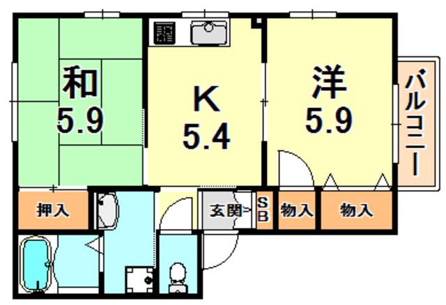 フォーレス西灘(2K/2階)の間取り写真
