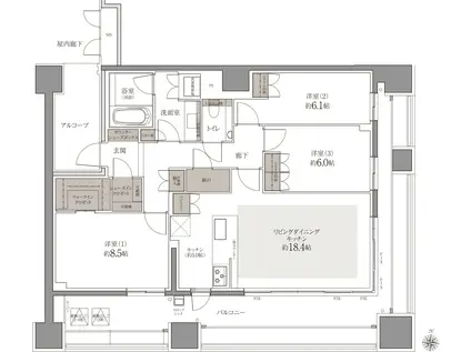 橦木町レジデンス THE FUDE(3LDK/3階)の間取り写真